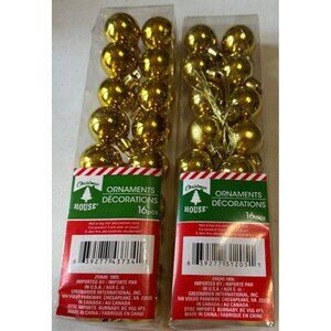 Set of 2 Christmas House 16-pc. Plastic Mini Gold Ornaments w/String-New In Box